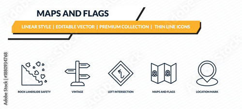 maps and flags icons set - rock landslide safety, vintage, left intersection, maps and flags, location mark outline vector collection.