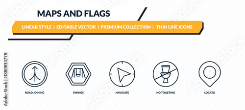maps and flags icons set - road joining, swings, navigate, no toileting, locato outline vector collection.
