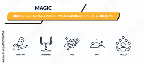 magic icons set - witch hat, candelabra, spell, dust, juggler outline vector collection.
