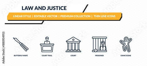 law and justice icons set - butterfly knife, court trial, court, prisioner, crime scene outline vector collection.