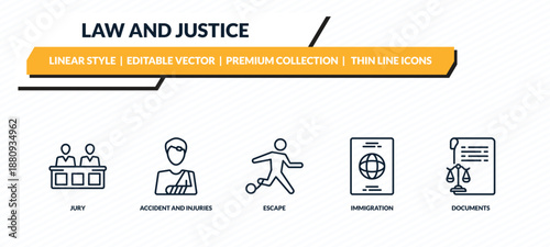 law and justice icons set - jury, accident and injuries, escape, immigration, documents outline vector collection.