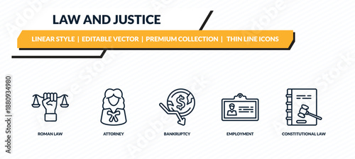 law and justice icons set - roman law, attorney, bankruptcy, employment, constitutional law outline vector collection.