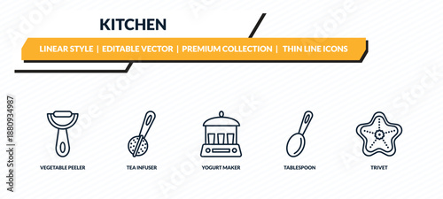 kitchen icons set - vegetable peeler, tea infuser, yogurt maker, tablespoon, trivet outline vector collection.