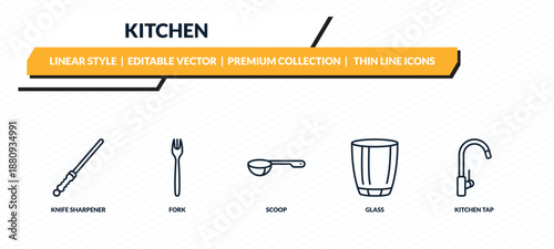 kitchen icons set - knife sharpener, fork, scoop, glass, kitchen tap outline vector collection.