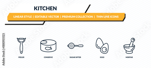 kitchen icons set - peeler, conserve, sugar sifter, eggs, mortar outline vector collection.