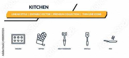 kitchen icons set - molded, mitten, meat tenderizer, spatula, pan outline vector collection.