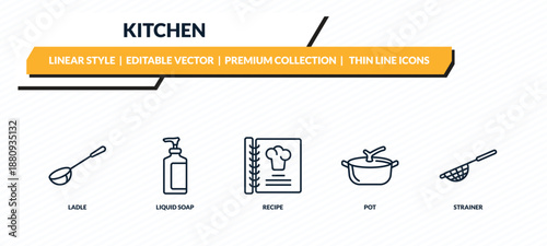 kitchen icons set - ladle, liquid soap, recipe, pot, strainer outline vector collection.