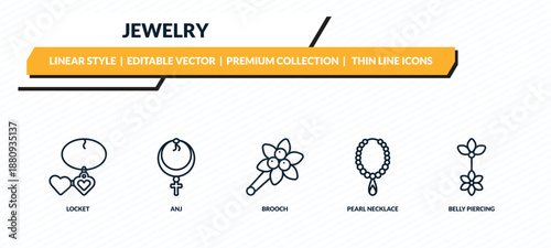 jewelry icons set - locket, anj, brooch, pearl necklace, belly piercing outline vector collection.