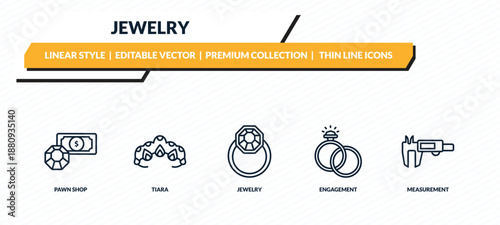 jewelry icons set - pawn shop, tiara, jewelry, engagement, measurement outline vector collection.