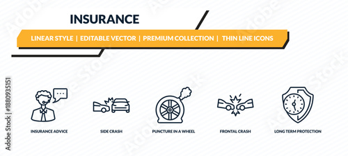insurance icons set - insurance advice, side crash, puncture in a wheel, frontal crash, long term protection outline vector collection.