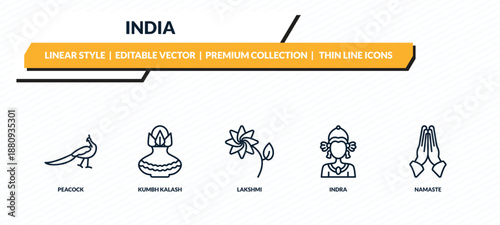 india icons set - peacock, kumbh kalash, lakshmi, indra, namaste outline vector collection.