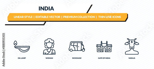 india icons set - oil lamp, woman, rickshaw, gate of india, varaja outline vector collection.
