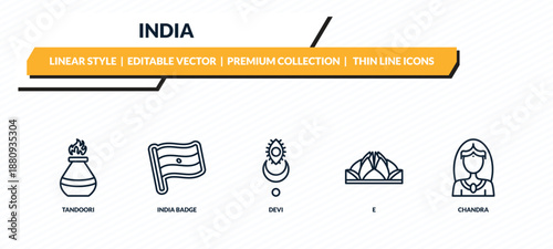 india icons set - tandoori, india badge, devi, e, chandra outline vector collection.