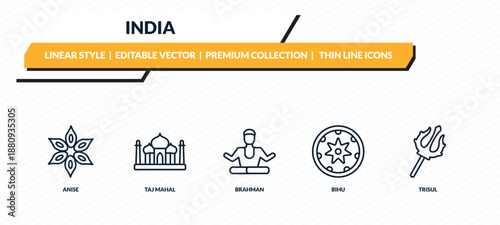 india icons set - anise, taj mahal, brahman, bihu, trisul outline vector collection.