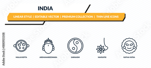 india icons set - malai kofta, ardhanareeswara, sarnaism, navratri, ratha-yatra outline vector collection.