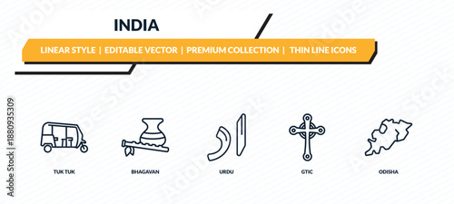 india icons set - tuk tuk, bhagavan, urdu, gtic, odisha outline vector collection.