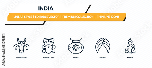india icons set - indian cow, durga puja, ugadi, turban, vishnu outline vector collection.