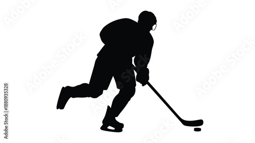 Hockey player in action skating with stick and puck black silhouette