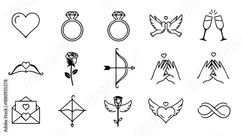 Iconic symbols of love and connection isolated on white background, Vector