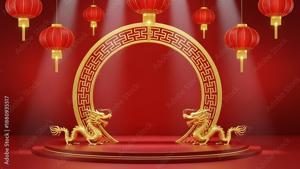 Obraz premium Chinese dragon archway with red lanterns, gold decorations, Lunar New Year background