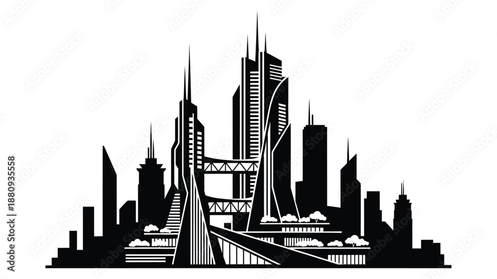 Fototapeta premium Dramatic cityscape featuring iconic bridge and futuristic buildings silhouette