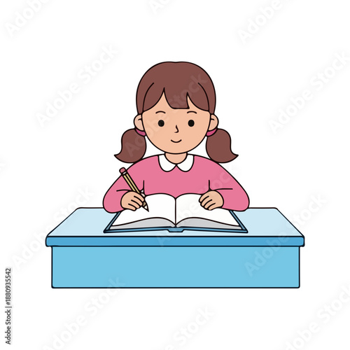 Young Student Girl Writing in Notebook at Desk Education Illustration