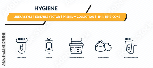 hygiene icons set - depilator, urinal, laundry basket, body cream, electric razor outline vector collection.