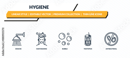hygiene icons set - douche, hair washing, bubble, toothpick, antibacterial outline vector collection.