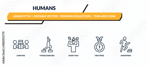 humans icons set - carrying, fitness exercises, angry man, first prize, smortsmen outline vector collection.