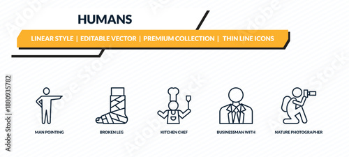humans icons set - man pointing, broken leg, kitchen chef, businessman with tie, nature photographer outline vector collection.