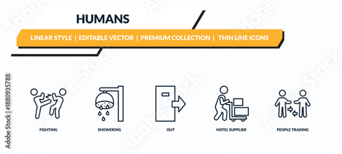 humans icons set - fighting, showering, out, hotel supplier, people trading outline vector collection.