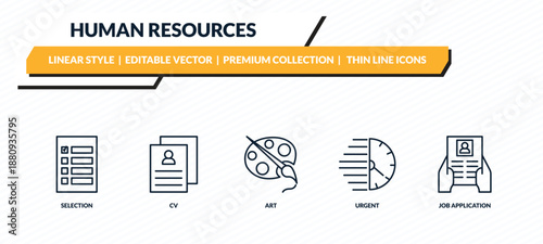human resources icons set - selection, cv, art, urgent, job application outline vector collection.