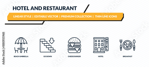hotel and restaurant icons set - beach umbrella, go down, cheese burger, hotel, breakfast outline vector collection.
