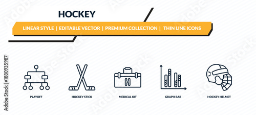 hockey icons set - playoff, hockey stick, medical kit, graph bar, hockey helmet outline vector collection.