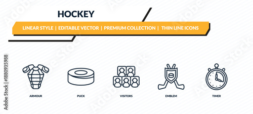 hockey icons set - armour, puck, visitors, emblem, timer outline vector collection.
