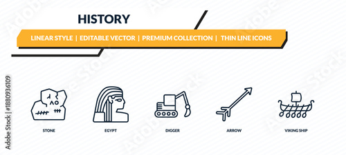 history icons set - stone, egypt, digger, arrow, viking ship outline vector collection.