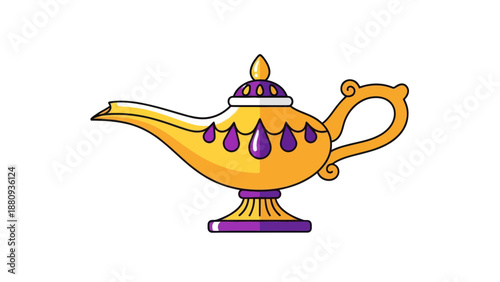 Golden Genie Lamp Vector Illustration, Flat Design, for Wishes and Magic