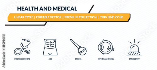 health and medical icons set - phonendoscope, abs, enema, ophthalmology, emergency outline vector collection.