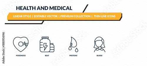 health and medical icons set - poisonous, beat, proteins, blood, girl outline vector collection.