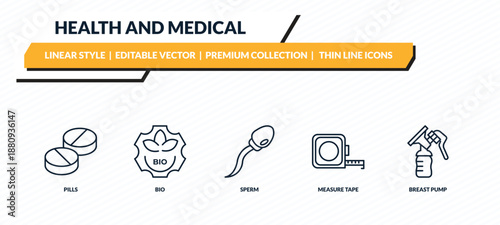 health and medical icons set - pills, bio, sperm, measure tape, breast pump outline vector collection.