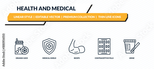health and medical icons set - orange juice, medical shield, biceps, contraceptive pills, urine outline vector collection.