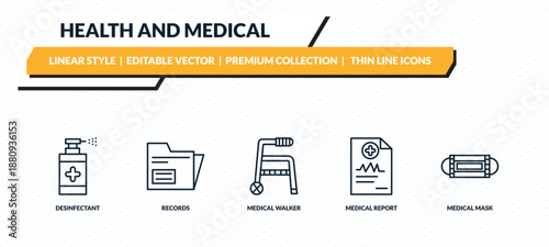 health and medical icons set - desinfectant, records, medical walker, medical report, mask outline vector collection.