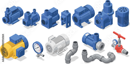Set of isometric water pump icons featuring electric motors pressure gauges pipes and valves for industrial plumbing and irrigation systems isolated
