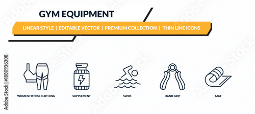 gym equipment icons set - women fitness clothing, supplement, swim, hand grip, mat outline vector collection.