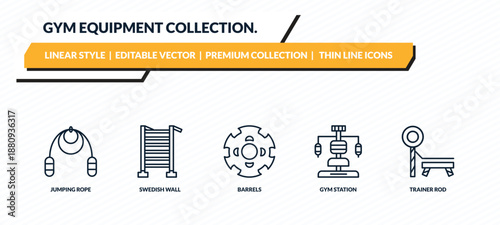 gym equipment collection. icons set - jumping rope, swedish wall, barrels, gym station, trainer rod outline vector collection.