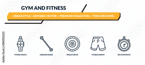 gym and fitness icons set - fitness watch, exercise bands, weight drive, fitness shorts, big stopwatch outline vector collection.