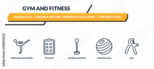gym and fitness icons set - stretching leg exercise, to do list, standing punching ball, gymnastic ball, grip outline vector collection.