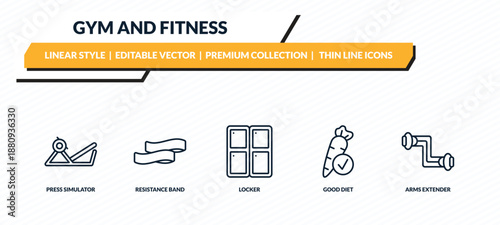 gym and fitness icons set - press simulator, resistance band, locker, good diet, arms extender outline vector collection.