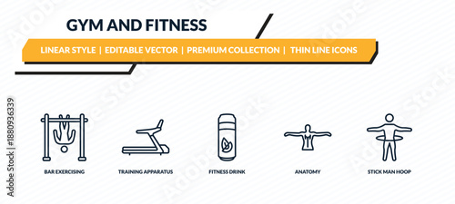 gym and fitness icons set - bar exercising, training apparatus, fitness drink, anatomy, stick man hoop outline vector collection.
