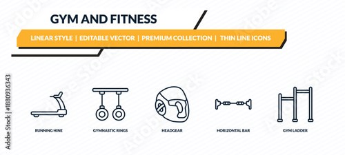 gym and fitness icons set - running hine, gymnastic rings, headgear, horizontal bar, gym ladder outline vector collection.